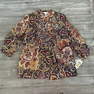 Charter Club Blouse Women’s Size Medium Pleated V-Neck Colorful New‎ Lightweight